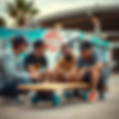 Group of skaters discussing tips and experiences related to the Globe Nickel Board.