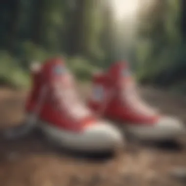 Converse Shoes on a Hiking Trail A stylish pair of Converse shoes on a rugged hiking trail