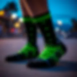 A close-up of neon green and black socks used in skateboarding