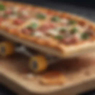 Close-up of intricate pizza graphics on a skateboard