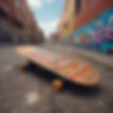 A skate deck displayed against a backdrop of urban graffiti