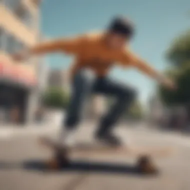 Showcasing Skills on a Termite Skateboard Skateboarder showcasing skills on a Termite Skateboard in an urban setting