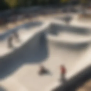 An aerial view of a skate park with various filming angles being used