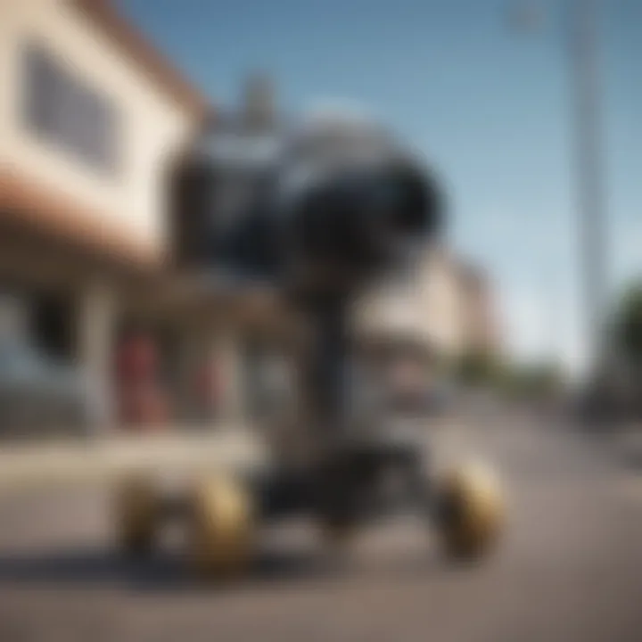 Close-up of a high-performance camera mounted on a skateboard