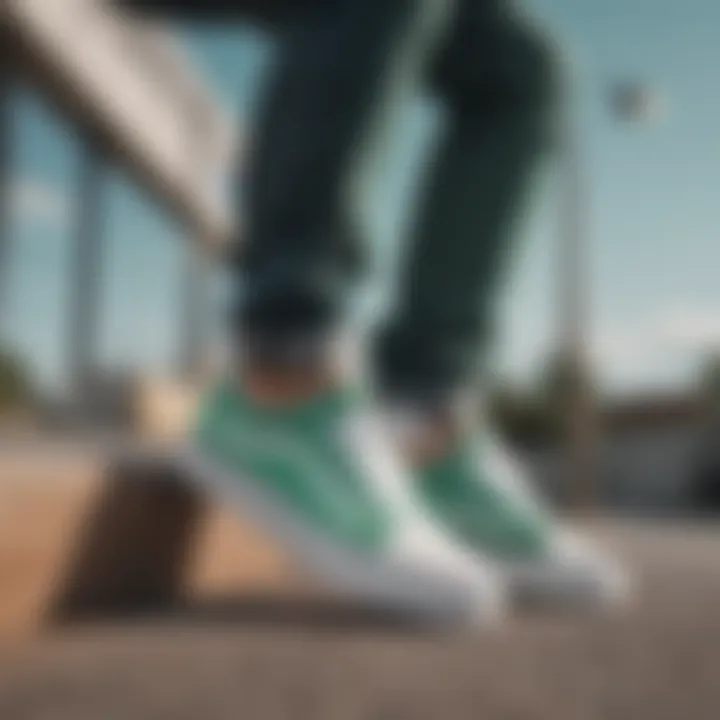 Stylish Vans sneakers in white and green on a skateboard