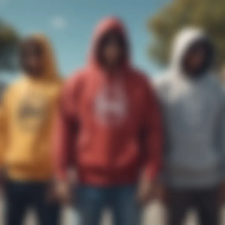 A stylish group of skateboarders wearing different hoodie styles, reflecting individuality and community.