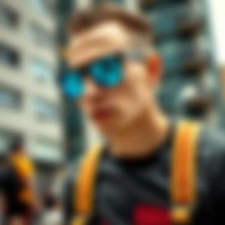 Stylish skateboarder wearing turquoise sunglasses in an urban setting