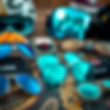 Turquoise Sunglasses and Skate Accessories A collection of turquoise sunglasses displayed with skateboarding accessories