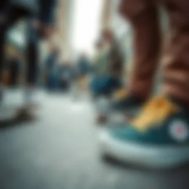 A group of skaters wearing different styles of slide shoes in an urban setting