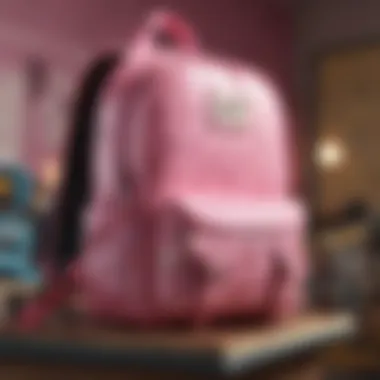 Close-up of the mini pink backpack showcasing unique design details