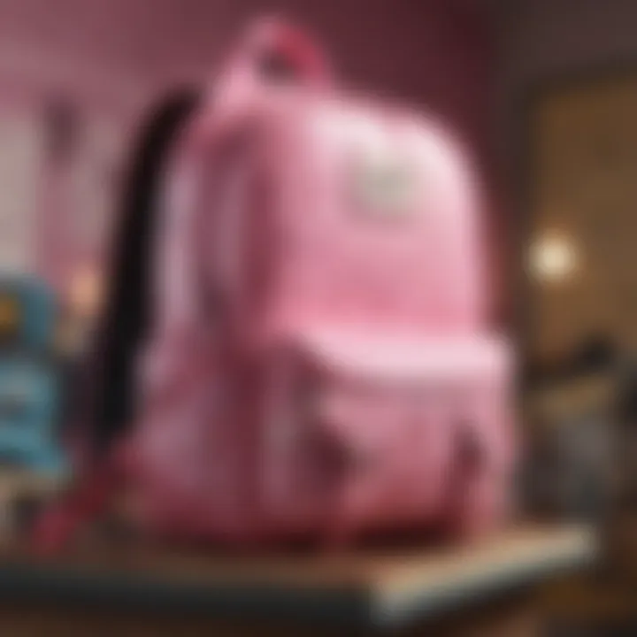 Close-up of the mini pink backpack showcasing unique design details