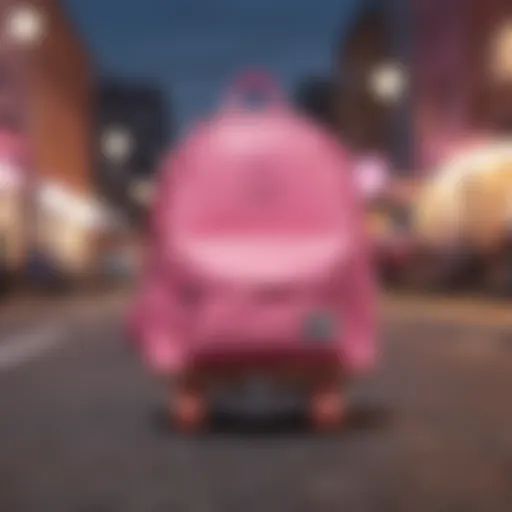 Stylish mini pink backpack displayed against a vibrant urban backdrop