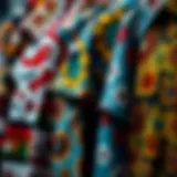 A close-up view of various fabric patterns for shirts displaying unique designs.