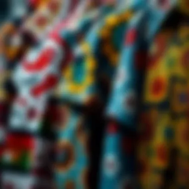 A close-up view of various fabric patterns for shirts displaying unique designs.