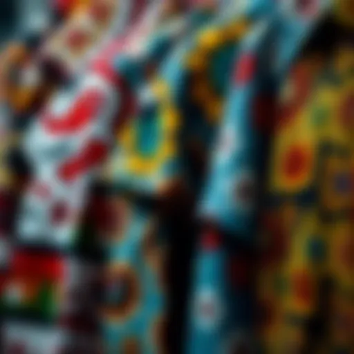 A close-up view of various fabric patterns for shirts displaying unique designs.