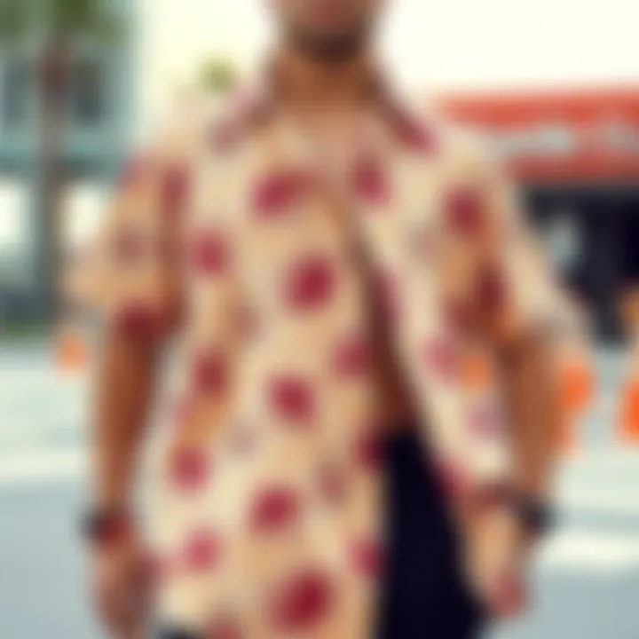 A modern outfit featuring a patterned shirt paired with complementary accessories.