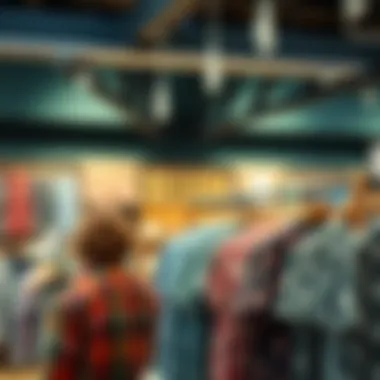Fashionable Store Display An array of patterned shirts showcased in a fashionable store setting.