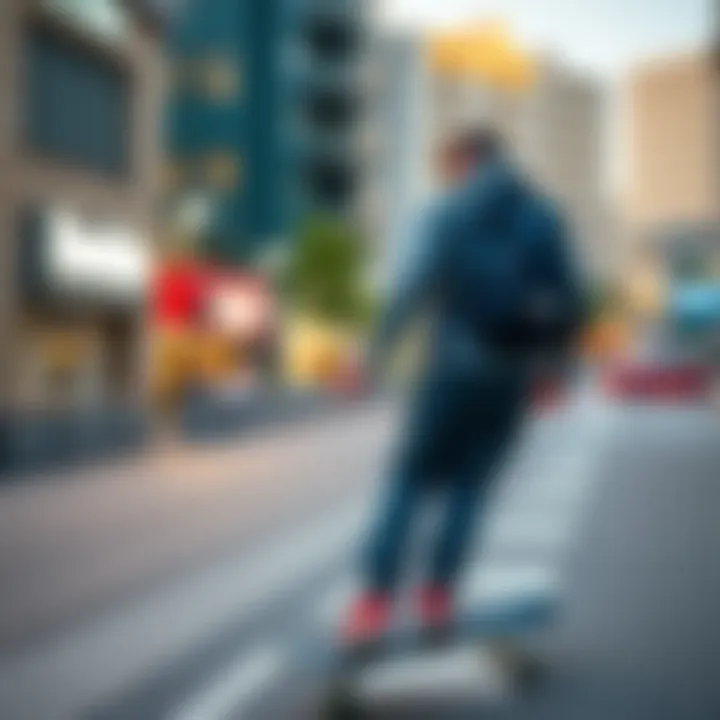 Skateboarding with the North Face Pack in Urban Environments Skateboarder using the North Face Pack in an urban setting