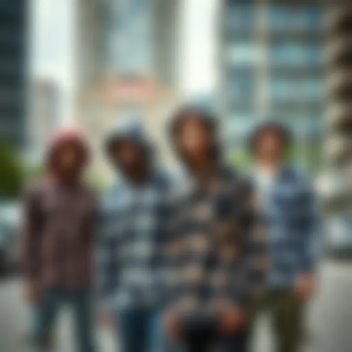 Group of skateboarders wearing plaid flannel shirts with hoods in an urban setting