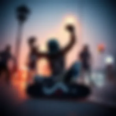 An artistic representation of skate culture icons and symbols associated with Riot Society.