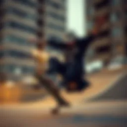A skateboarder performing a trick in an urban setting, showcasing the rebellious spirit of Riot Society.