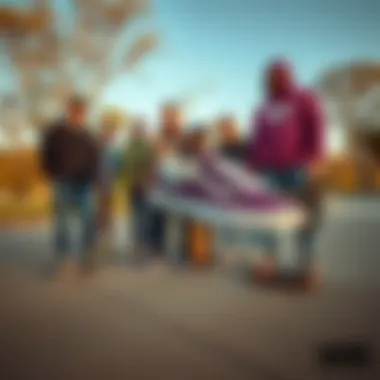 Group of skateboarders displaying their Vans shoes in a skate park
