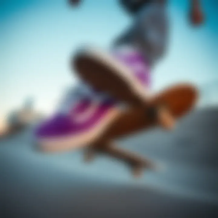 Skater performing tricks while wearing purple and white Vans shoes