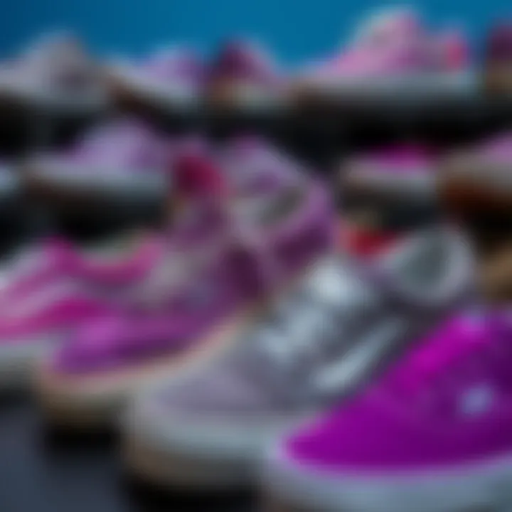 Collage showcasing various styles of purple and white Vans shoes