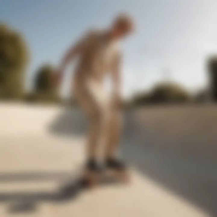 A skate park scene with individuals showcasing different ways to wear beige Dickies.