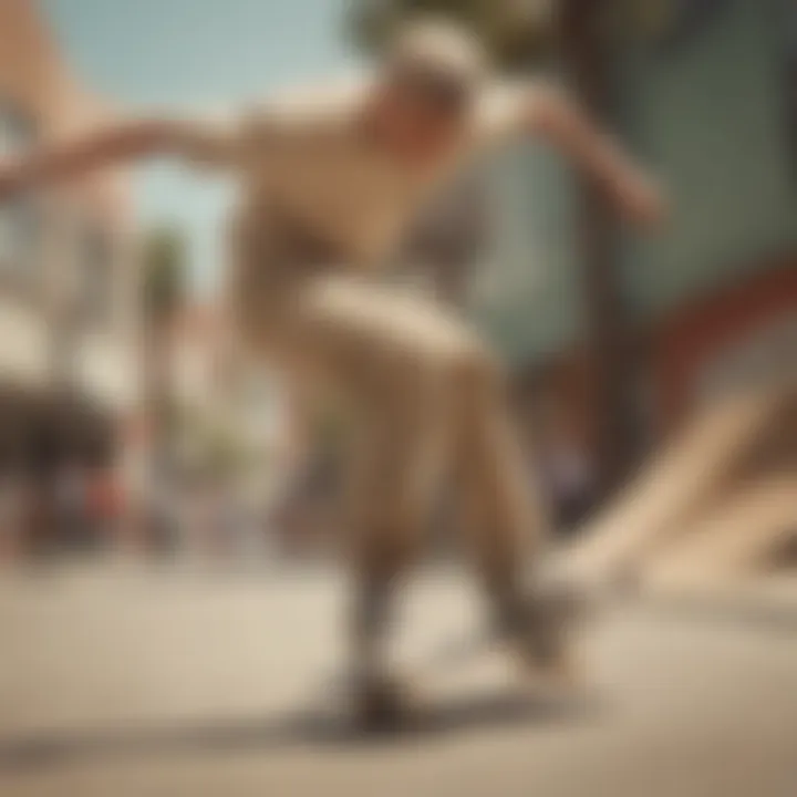 A skateboarder performing a trick while wearing beige Dickies, showcasing their flexibility and style.