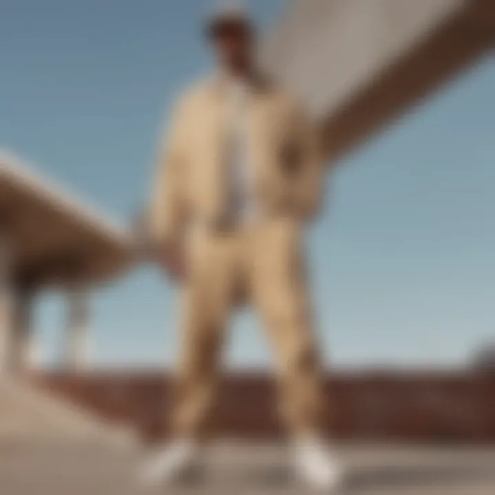 A collection of various styled outfits featuring beige Dickies in a streetwear setting.