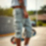 Stylish grey khaki shorts paired with a skateboard
