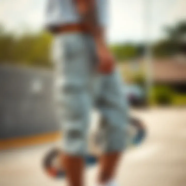 Stylish Integration of Grey Khaki Shorts in Skate Culture Stylish grey khaki shorts paired with a skateboard