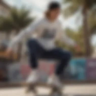 A skater performing tricks while wearing a crewneck sweatshirt