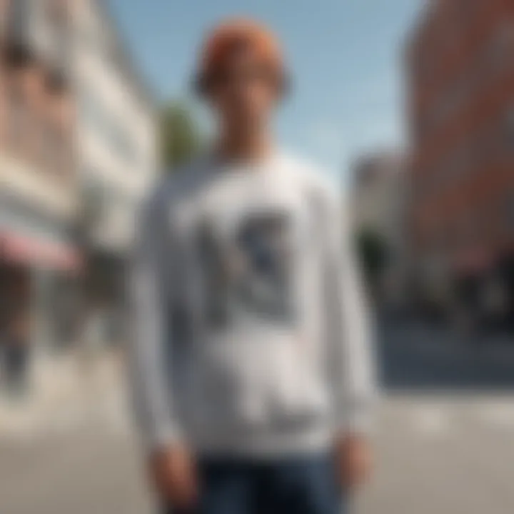 A fashion-forward individual styling a crewneck sweatshirt in an urban setting