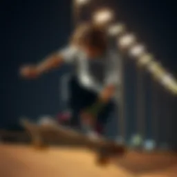 A skateboarder wearing a grey Dickies shirt performing a trick