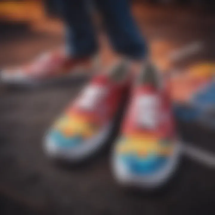 An artistic composition of Vans shoes placed against a colorful backdrop.