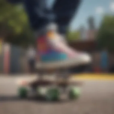 Skateboarding in Style A skateboarder performing a trick while wearing multicolored Vans shoes.