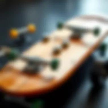 Components of a Wood Cruiser Skateboard Different components of a wood cruiser skateboard, including wheels and trucks, arranged artistically to emphasize function.