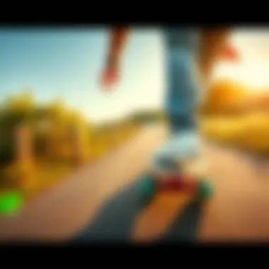 Experience of Riding a Wood Cruiser Skateboard A skateboarder riding smoothly on a wood cruiser skateboard along a scenic pathway, capturing the essence of cruising.