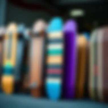 Diverse Designs of Wood Cruiser Skateboards A variety of wood cruiser skateboards displayed side by side, highlighting different designs and colors.