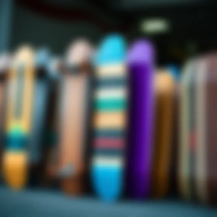 Diverse Designs of Wood Cruiser Skateboards A variety of wood cruiser skateboards displayed side by side, highlighting different designs and colors.