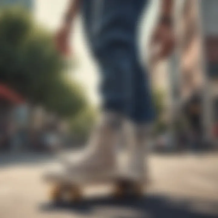 Skateboarder wearing thick high top Converse during a trick