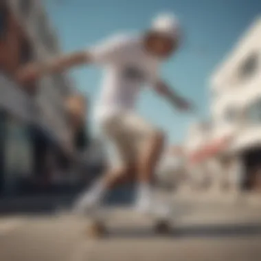 Skateboarder wearing a white Fila t-shirt in action