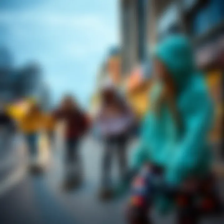 A vibrant street scene featuring women in trendy hoodies skating