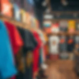 Vibrant graphic tees displayed in a skate shop