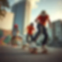Dynamic urban landscape with skaters showcasing Vans tropical shoes