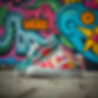 Vans tropical shoes displayed against vibrant urban murals