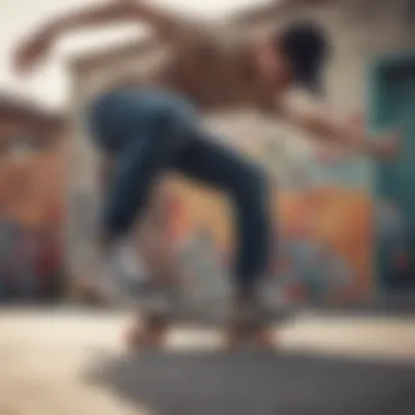 Skater in Action with Vans Patchwork Footwear A skater performing tricks in Vans patchwork footwear