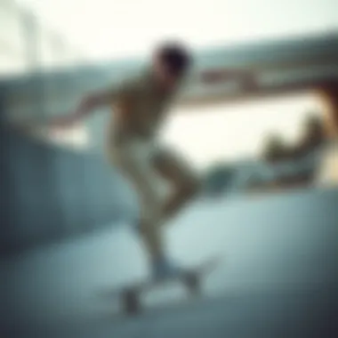 Skateboarder showcasing Dickies khaki slim fit apparel in action